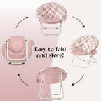 Urban Lifestyle Printed Back Micromink Saucer™ Chair with White Legs and Side Storage Pocket, Pink and White Check