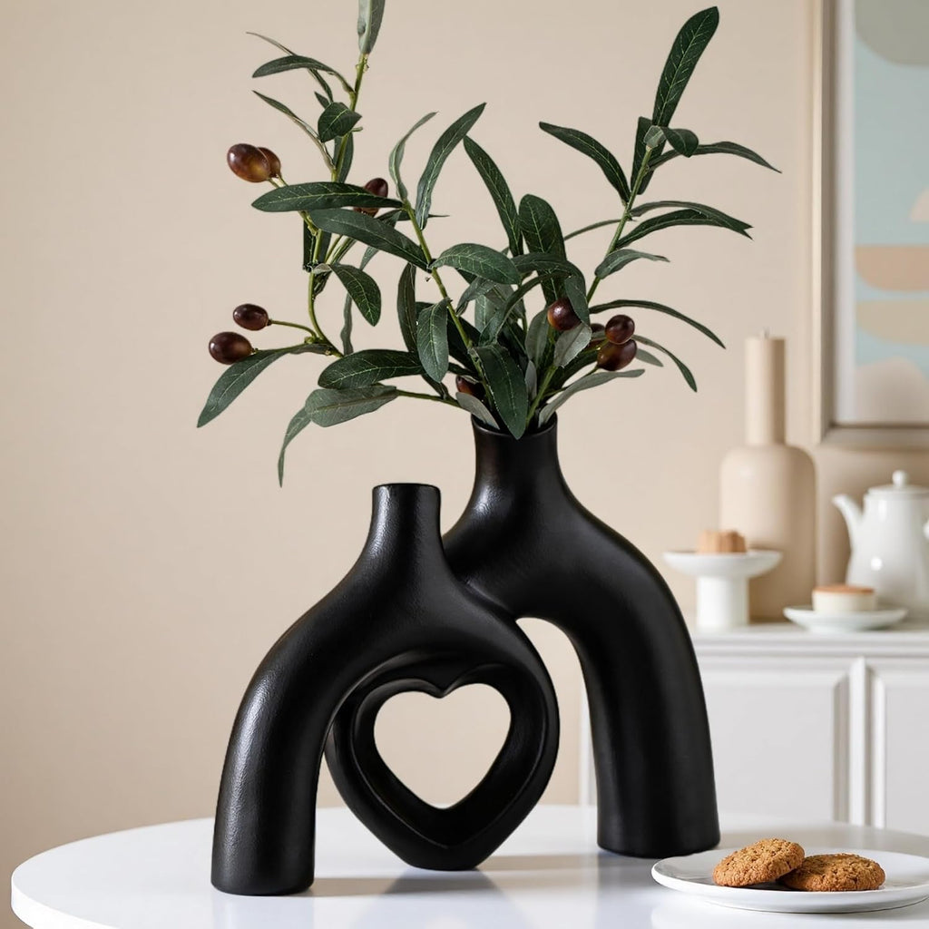 Liotww Hug Donut Ceramic Decorative Vase Set, Snuggle Hollow Modern Nordic Boho Style Vases for Home Decor Living Room Shelf Bookshelf Mantle Entryway Table Console Décor (Matte Black)