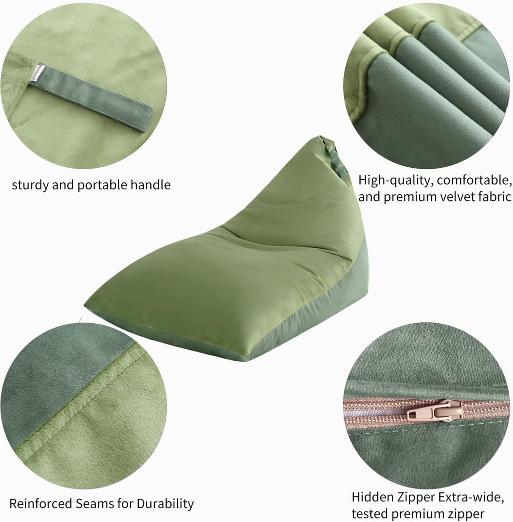 Stuffed Animal Storage Bean Bag Chair Cover for Kids (No Filler), 250L Extra Large Premium Velvet Lazy Sofa Cover, Washable Ultra Soft Triangular Bean Bag Chair Cover(Green)
