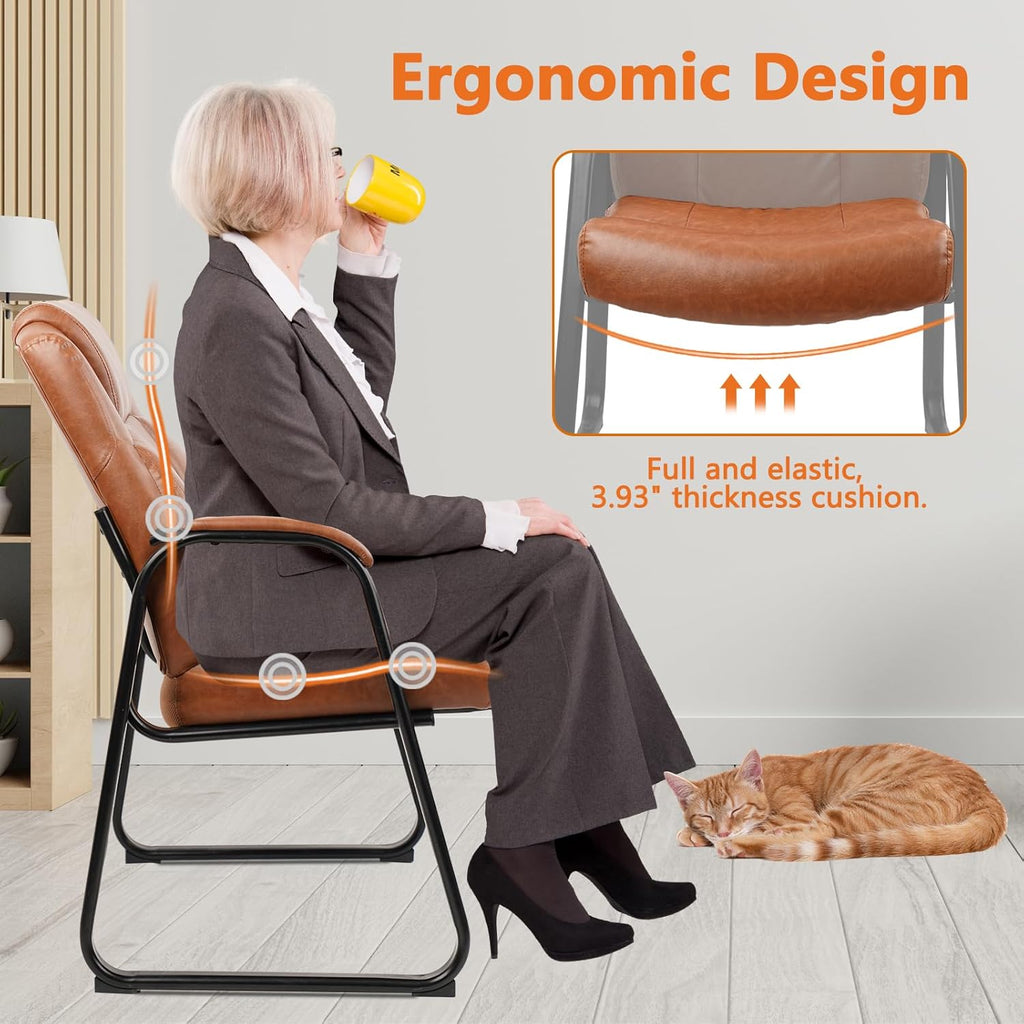 CLATINA Guest Chair Big & Tall 500 lbs, PU Leather Office Reception Chairs, Sled Base, No Wheels, Brown, Waiting Room, Conference, Lobby, Living Room