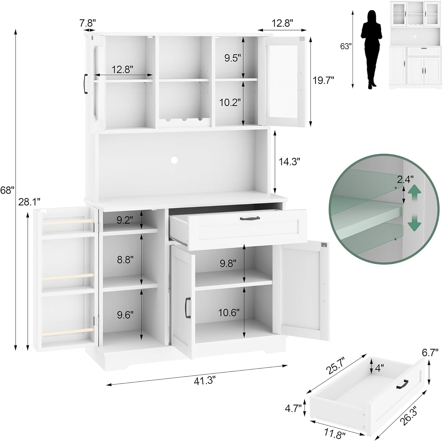 Shintenchi Kitchen Pantry Storage Cabinet, Freestanding Buffet Cabinet with Microwave Stand & 3 Door Shelves, Kitchen Hutch with Doors, Adjustable Shelves and Wine Rack, White