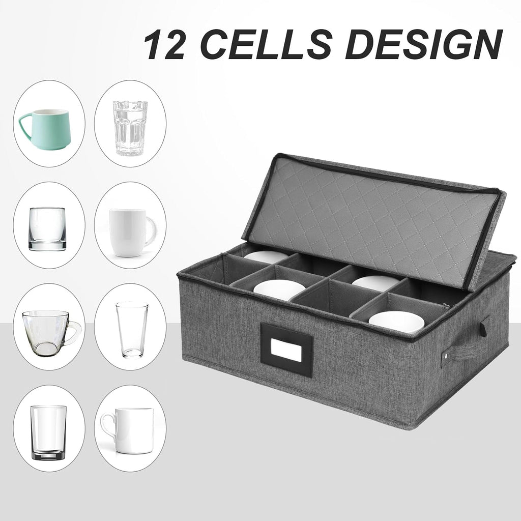 Mug Storage Box with Dividers, China Cup Storage Containers For Tea Cups | Coffee Mugs Storage Box with Zipper Lid and Rivet Reinforced Handles, Hard Shell and Stackable (Black)