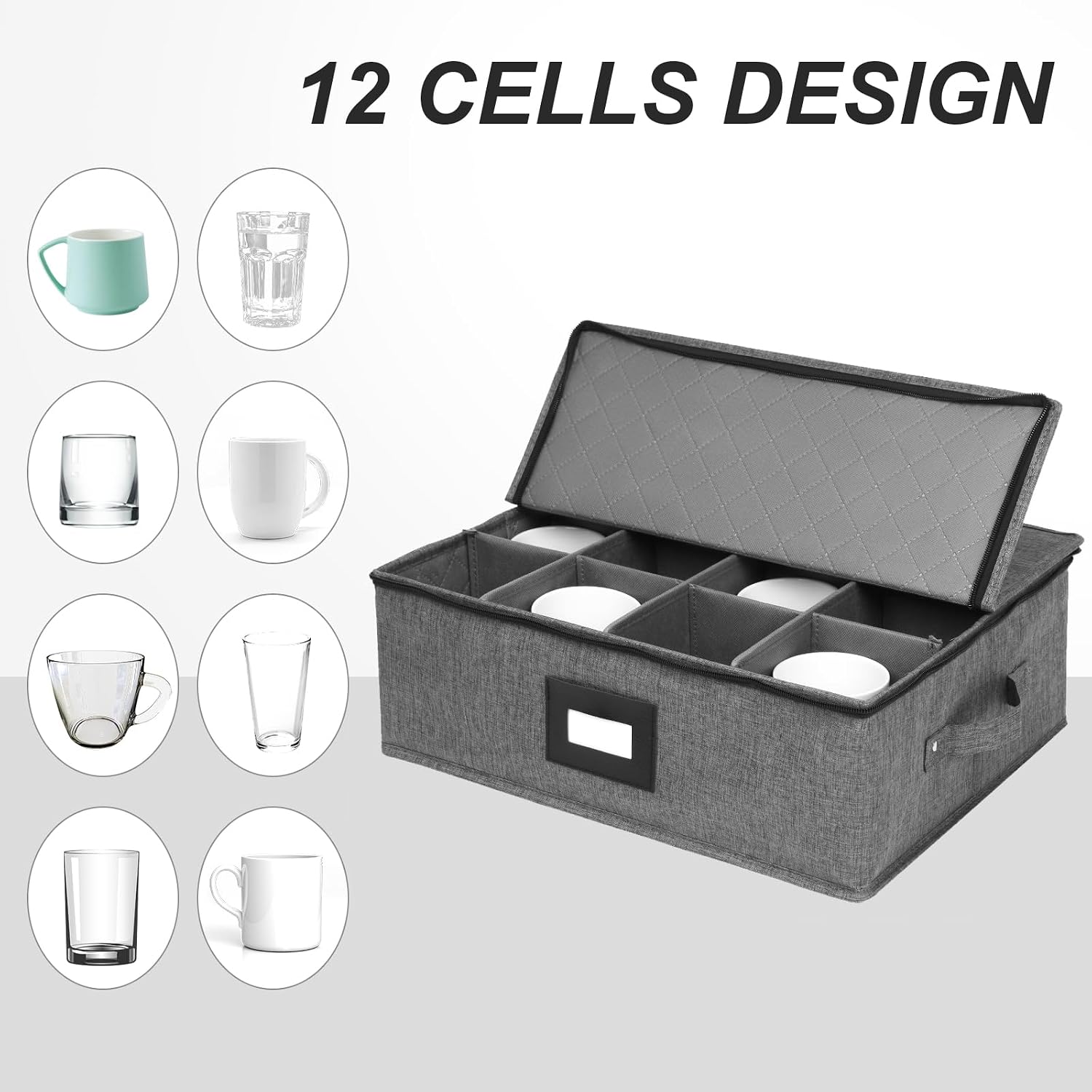 Mug Storage Box with Dividers, China Cup Storage Containers For Tea Cups | Coffee Mugs Storage Box with Zipper Lid and Rivet Reinforced Handles, Hard Shell and Stackable (Black)