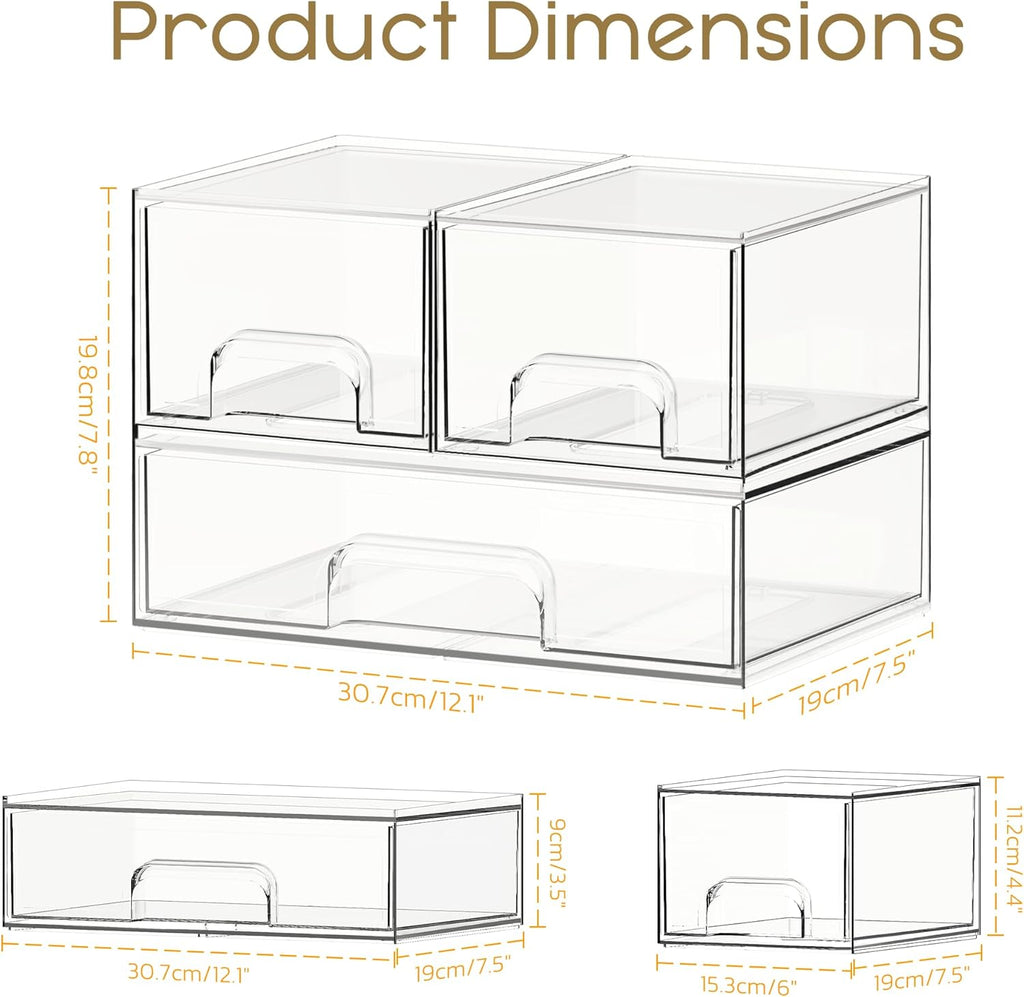 Criusia Stackable Storage Drawers, 3 Pack Clear Acrylic Makeup & Bathroom Organizer, Versatile Storage Bins for Vanity, Under Sink, Kitchen Cabinets & Pantry