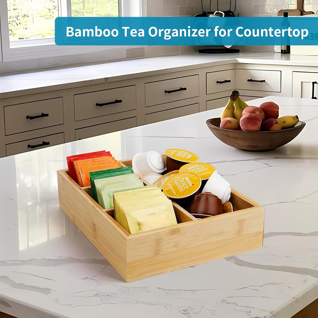 Tea Bag/Sugar Packet Holder,Coffee Station Condiment Organizer,Bamboo Tea Organizer,Large 4-Compartment Organizer Tray for Drawer/Shelf/Countertop,10.2 x 7.9 x 2.4 inch