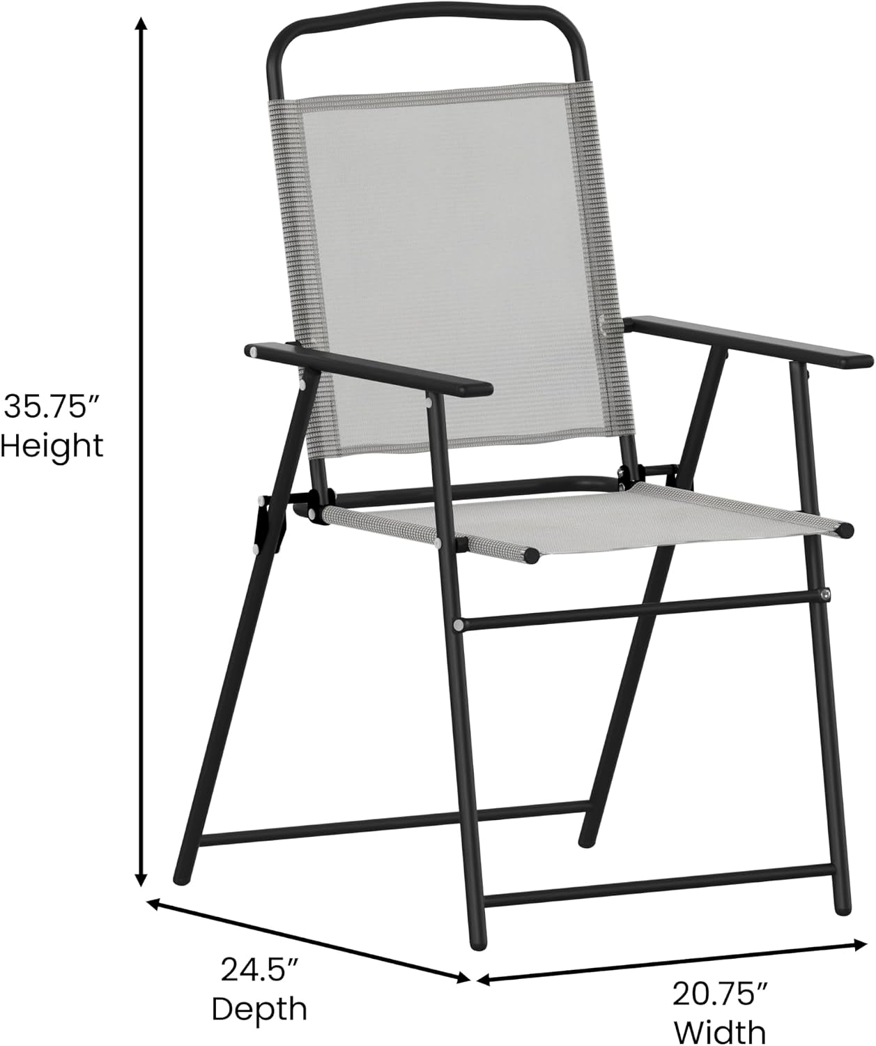 Flash Furniture Mystic Folding Patio Sling Chairs, Outdoor Textilene Lawn Chairs with Armrests, Set of 2, Gray
