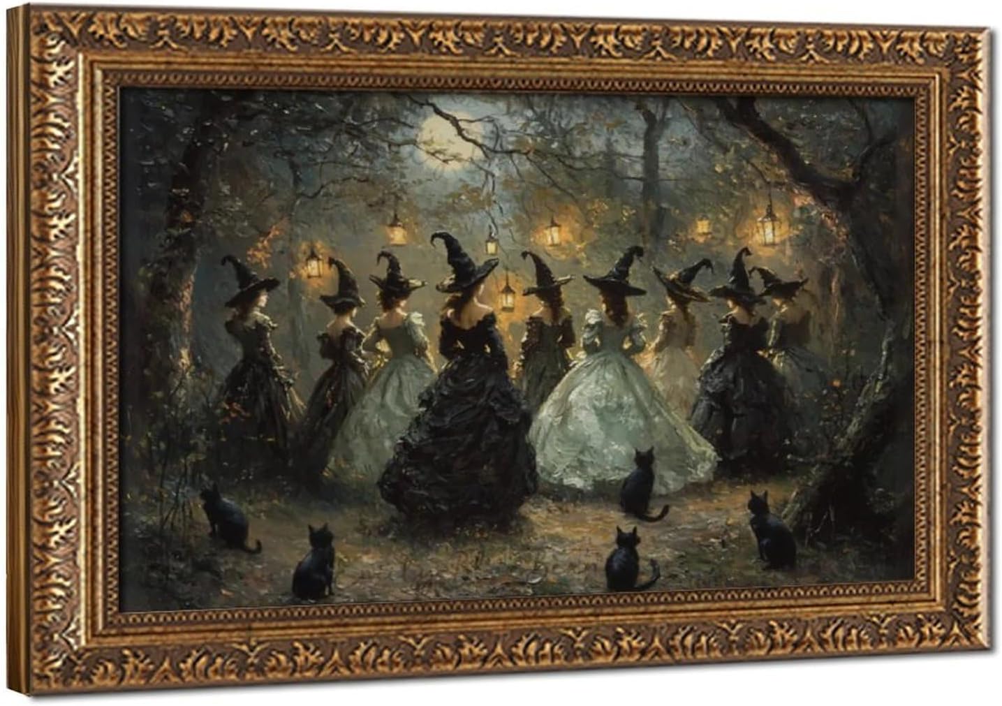 Midnight Witch and Black Cat Gathering Wall Art Retro Gold Frame Canvas Painting Vintage Gothic Forest Decor for Living Room Bedroom Spooky Home Decoration 36x24 Inches
