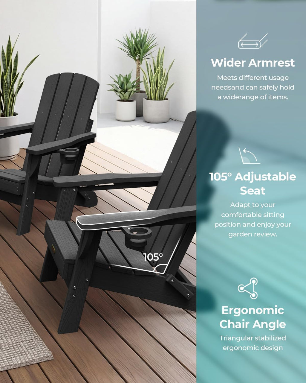 Folding Adirondack Chair, HDPE Adirondack Chairs with 2 Cup Holder, Plastic All-Weather Fire Pit Chairs, Outdoor Lawn Chair for Patio Garden (Black)
