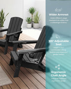 Folding Adirondack Chair, HDPE Adirondack Chairs with 2 Cup Holder, Plastic All-Weather Fire Pit Chairs, Outdoor Lawn Chair for Patio Garden (Black)