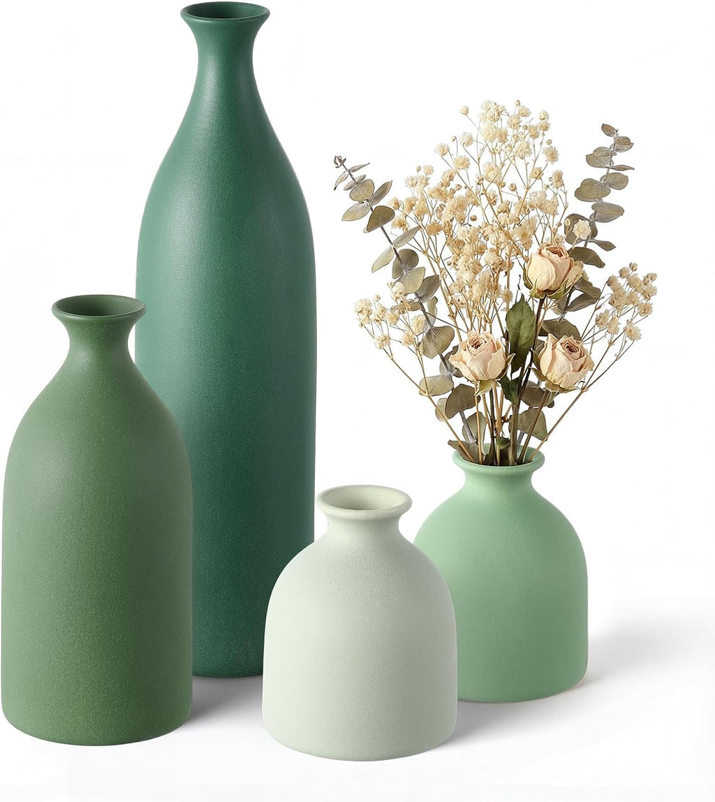 Dandat Green Ceramic Vase Set of 4, Modern Ceramic Vases Neutral Colors Farmhouse Table Centerpiece for Dried Flowers, Living Room, Kitchen, Bedroom