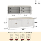 HOMEFORT 48.4" Shoe Storage Bench with Cushion, Entryway Bench with Paddded Seat, 2-Tier Shoe Cabinet Bench with Adjustable Shelves and 4 Doors, Wooden End of Bed Bench, for Bedroom, Hallway, White