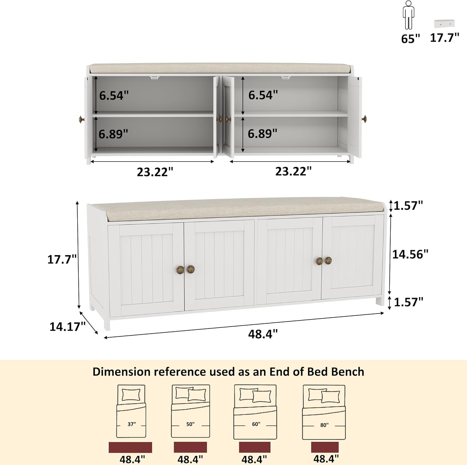 HOMEFORT 48.4" Shoe Storage Bench with Cushion, Entryway Bench with Paddded Seat, 2-Tier Shoe Cabinet Bench with Adjustable Shelves and 4 Doors, Wooden End of Bed Bench, for Bedroom, Hallway, White