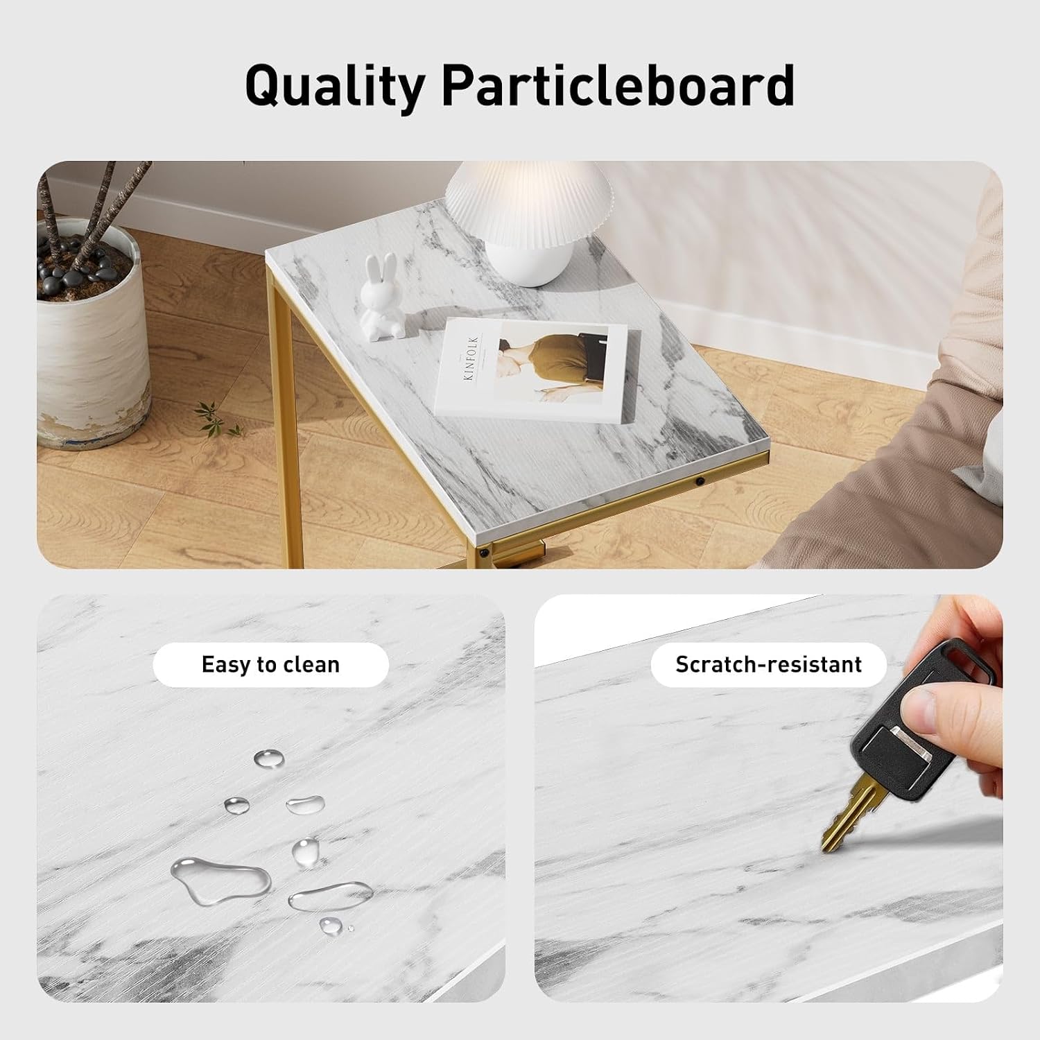 PERLECARE C Shaped End Table, Vintage Side Table for Couch, Laptop, Coffee, Snack, Sofa Side End Table C Shape for Living Room, 27"(H) x 19.7"(W) x 12.6"(D), Marble