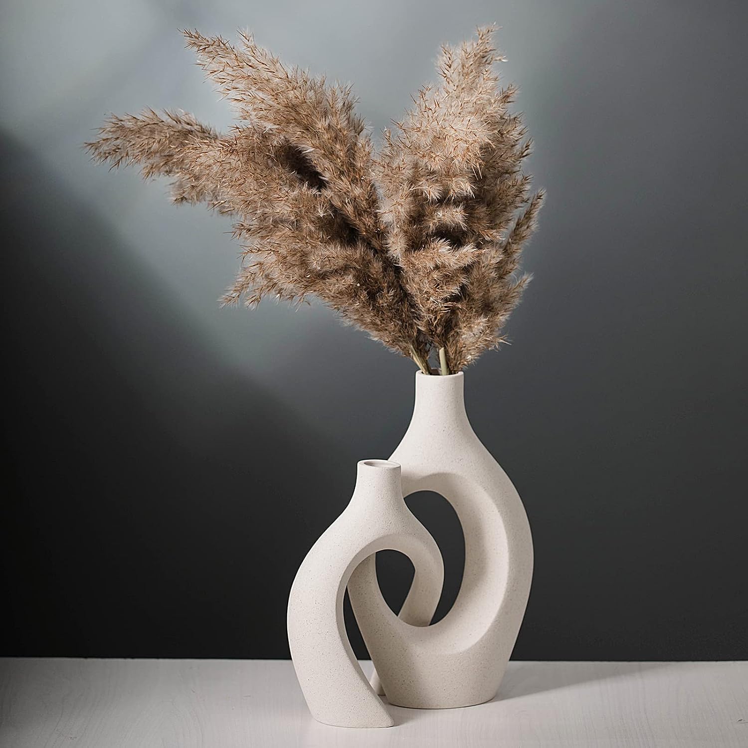 Liotww Extra Large Hollow Nordic Modern Ceramic Vases Set of 2, Milky White Aesthetic Round Donut Boho ins Style Flower Decorative Vase for Room Home Book Shelf Table Decor (Matte W 8" X H 11")