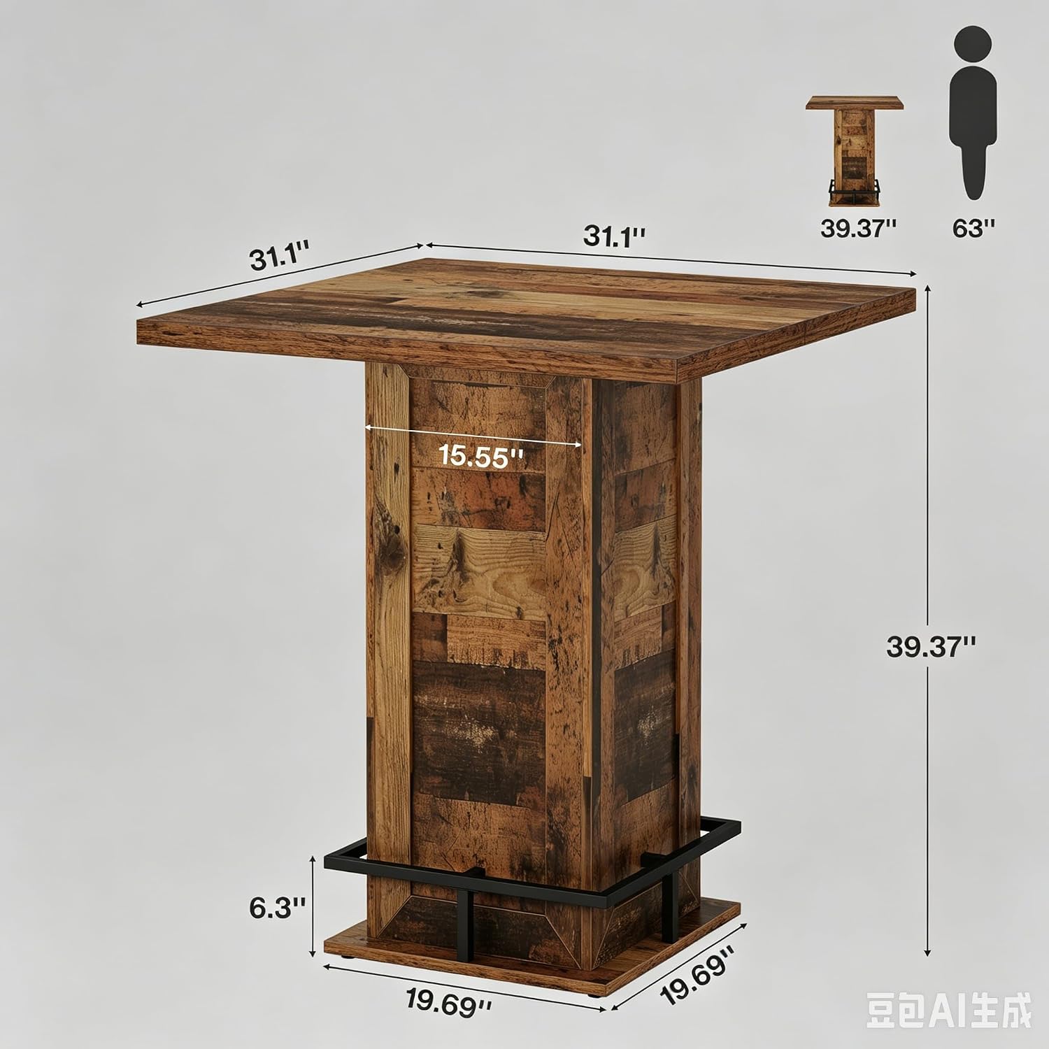 Tribesigns Square Bar Height Table, 39.4" H Counter Height Pub Table, High Top Kitchen Bar Table with Footrest, for Dining Room, Kitchen, Restaurant, Cafe, Pub, Dark Brown