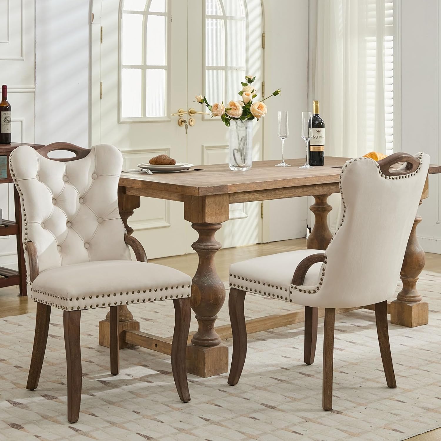 Shenyon Beige Velvet Dining Chairs Set of 2，Modern Upholstered Dining Room Chairs with Tufted Back and Wood Handles, Curved Solid Wood Legs, Sillas de Comedor