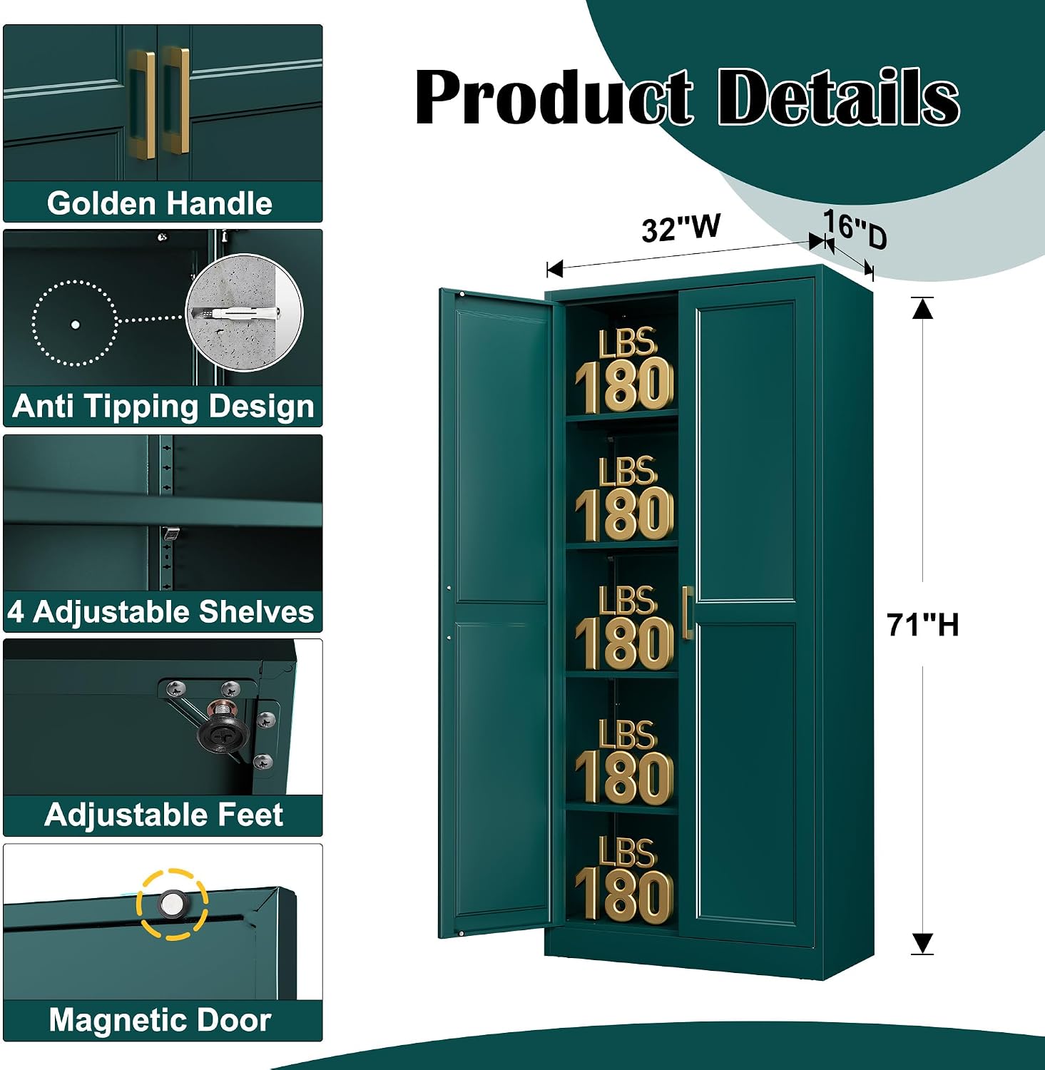 SteeLoong Kitchen Pantry Cabinet,71”Green Metal Pantry Storage Cabinets with Doors and 4 Adjustable Shelves,Kitchen Cabinet with 2 Gold Handles,Tall Cabinet for Livingroom, Bathroom