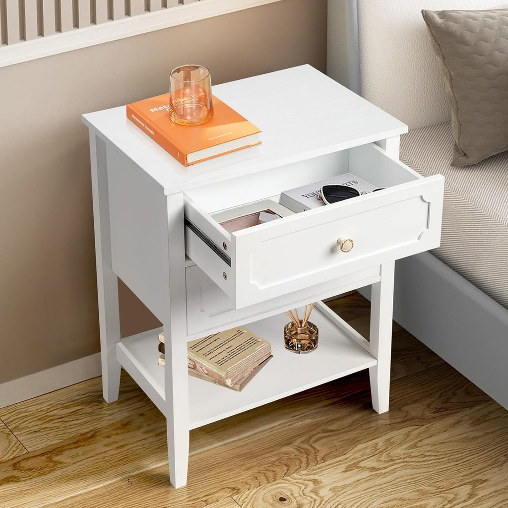 Wood Nightstand with 2 Drawers and Shelf, White End Table for Bedroom Living Room, Solid Wood & MDF Bedside Table