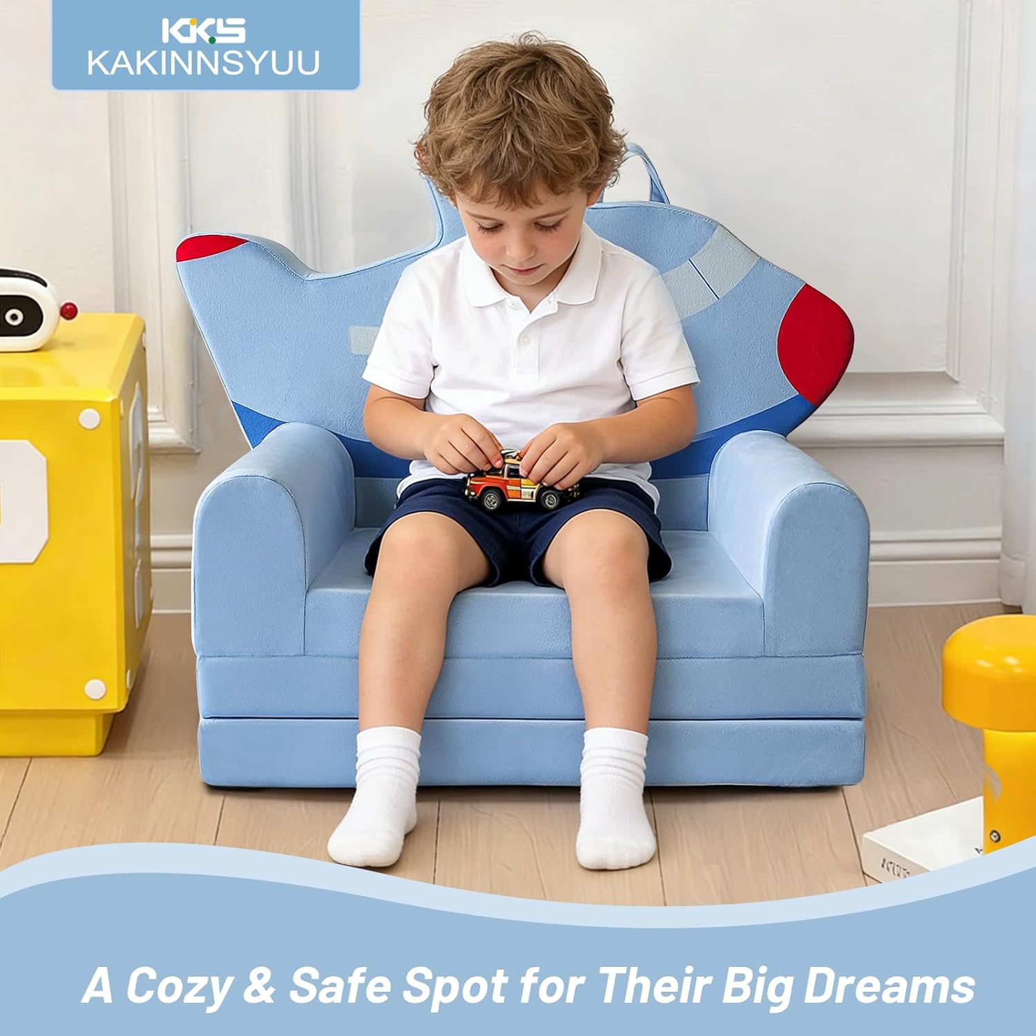 Toddler Couch 2 in 1 Flip-Out Kids Couch, Fold Out Foam Kids Sofa with Soft Washable Cover, Airplane Design for Playroom