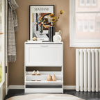 Hestiamo Shoe Cabinet for Entryway, 2-Tier Flip Drawer Shoe Storage Cabinet with Dividers, Shoe Organizer for Small Spaces, Narrow Shoe Rack, Slim Shoe Rack Freestanding, White, HUS-FSR137