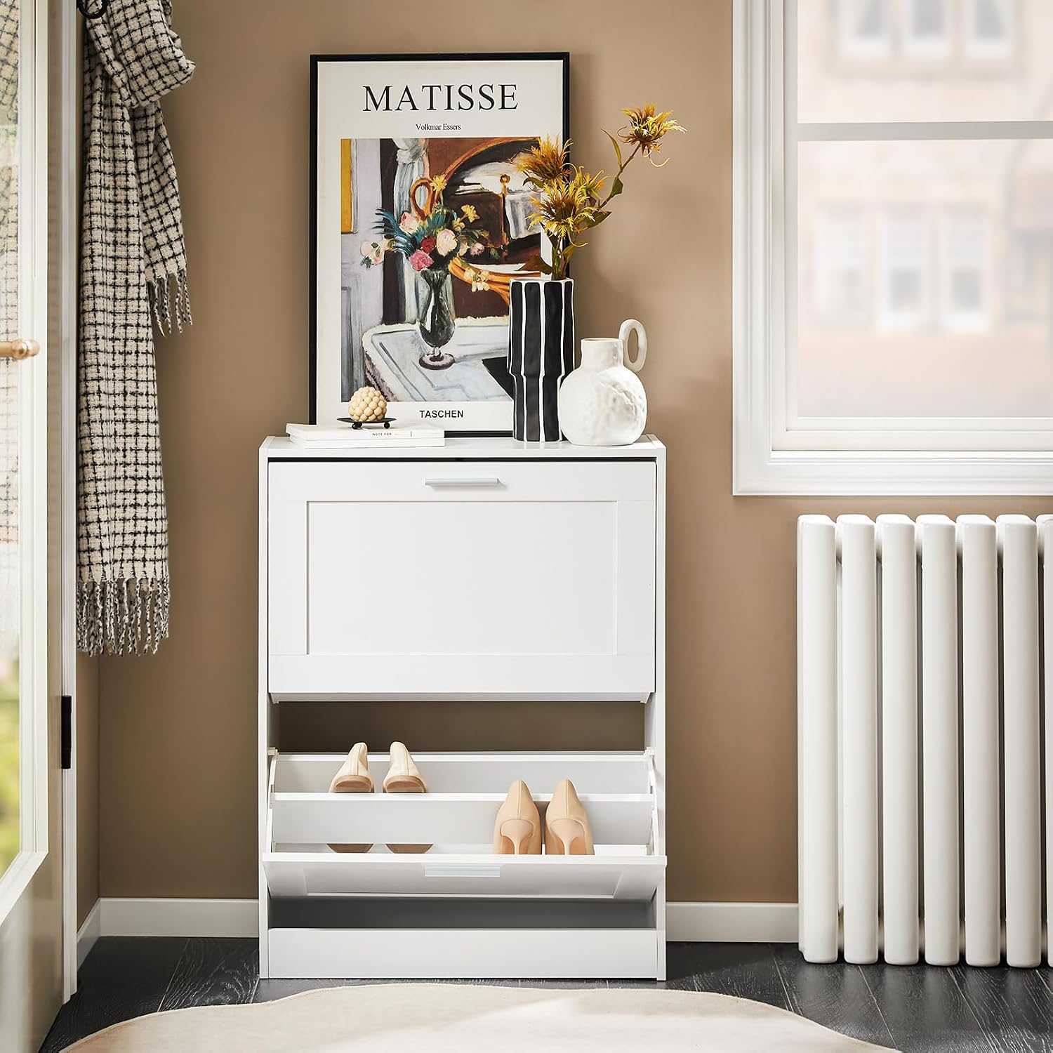 Hestiamo Shoe Cabinet for Entryway, 2-Tier Flip Drawer Shoe Storage Cabinet with Dividers, Shoe Organizer for Small Spaces, Narrow Shoe Rack, Slim Shoe Rack Freestanding, White, HUS-FSR137