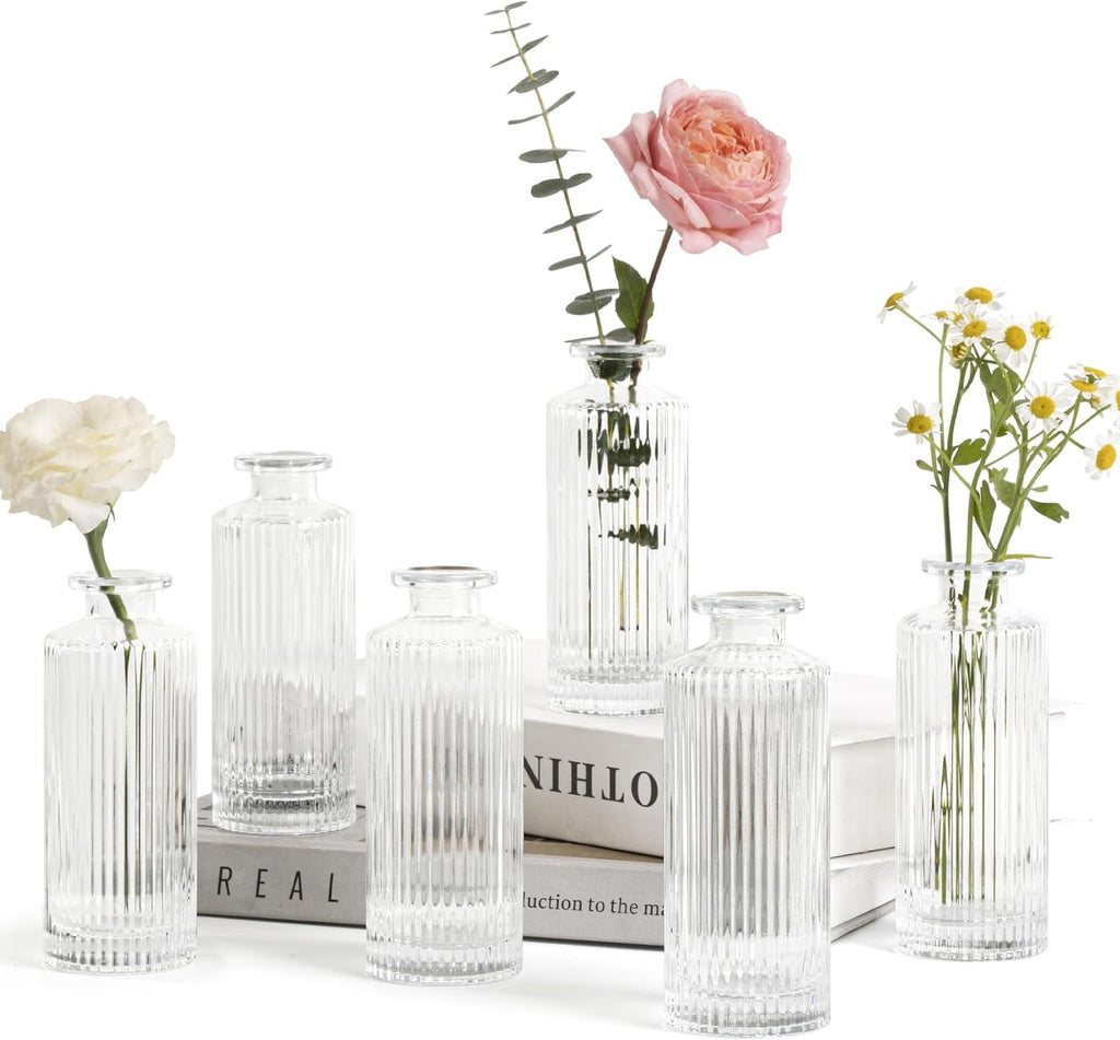ComSaf Small Vases for Flowers Mini Clear Glass Bud Vases in Bulk, 5.2 inch Tall Mini Flower Vase, Vases for Centerpiece, Ribbed Vase, Wedding Table Ceterpiece, Home Decor, Housewarming Gift (Clear)