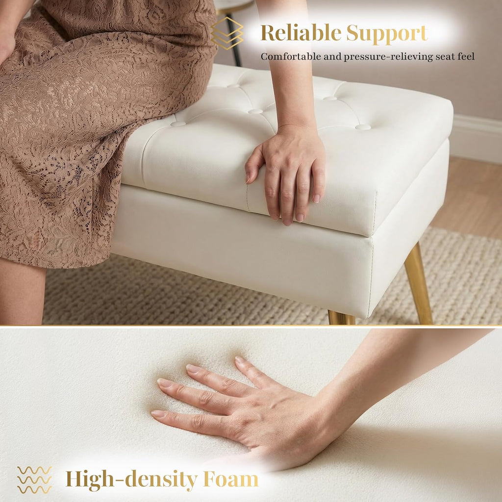 SNOWDROP 40" Upholstered Storage Bench – Ivory White End of Bed Bench with Gold Metal Legs, Button-Tufted Modern Faux Leather Ottoman Bench for Bedroom, Entryway & Living Room