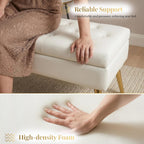 SNOWDROP 40" Upholstered Storage Bench – Ivory White End of Bed Bench with Gold Metal Legs, Button-Tufted Modern Faux Leather Ottoman Bench for Bedroom, Entryway & Living Room