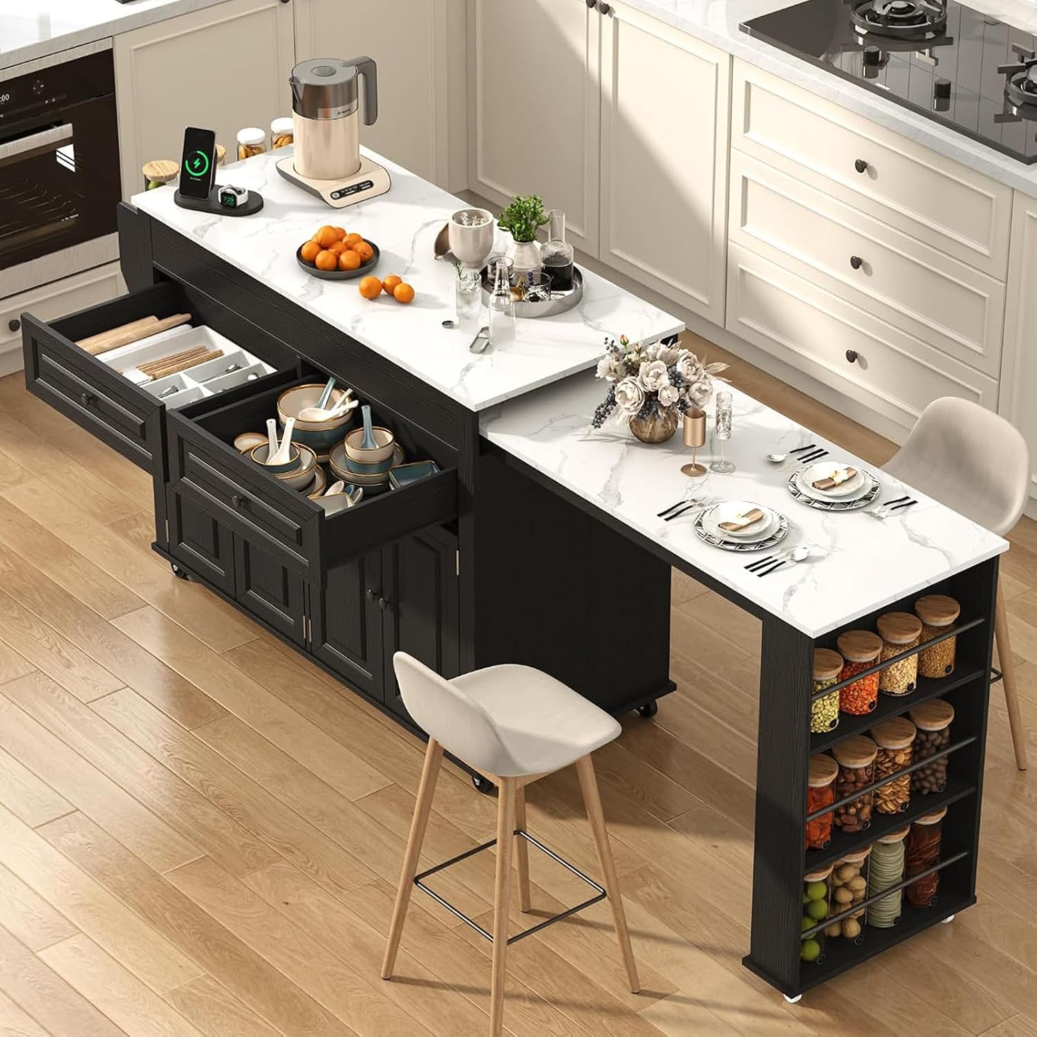 80"-48" Extendable Kitchen Island with Extended Dining Table and Power Outlet,Large Mobile Kitchen Storage Islands with 2 Storage Drawers,Rolling Islands Cart with 3 Extra Rows Open Shelves(Marble Bl)