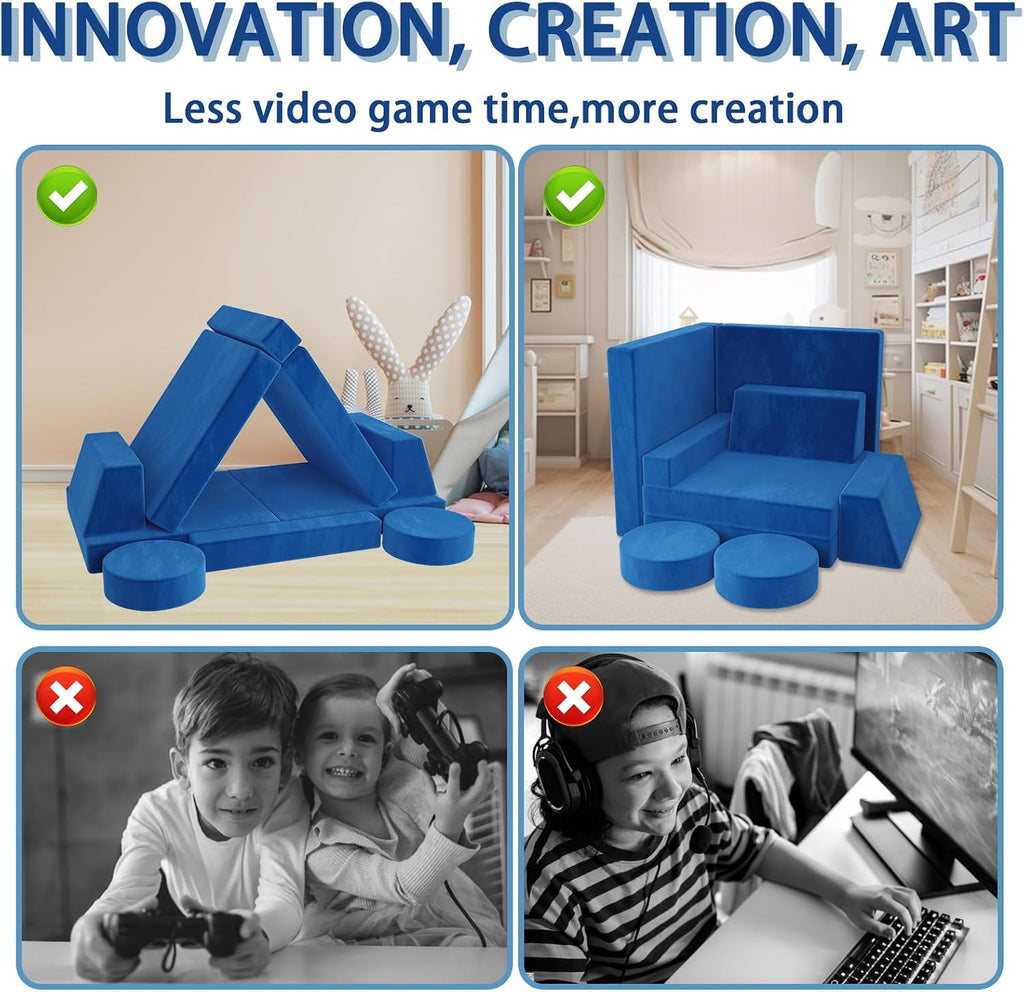 Modular Kids Play Couch, Kids Sectional Couch Sofa, Bedroom and Playroom Convertible Foam for Toddlers, Floor Cushion for Imaginative Boys and Girls (Dark Blue-Suede)