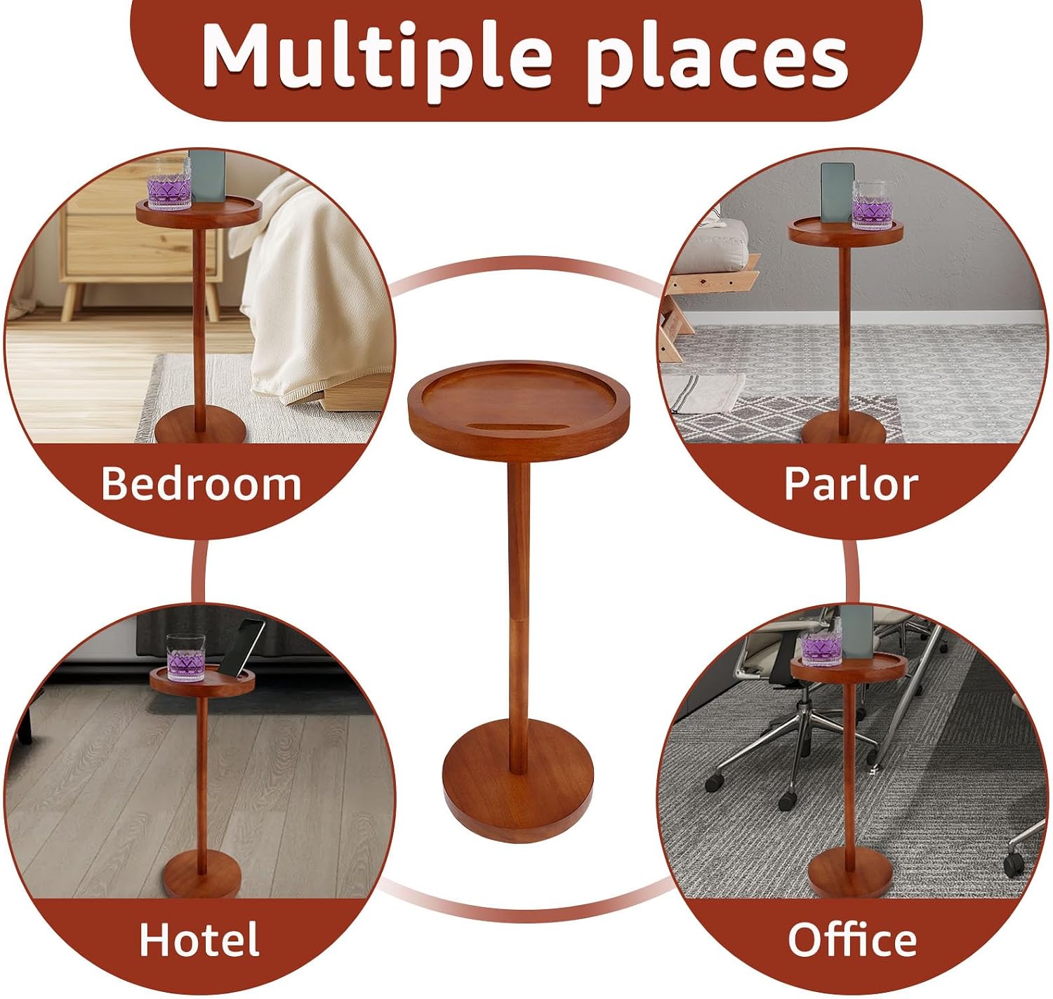 Pedestal Side Table With Weighted Base and 360 Rotating Phone Holder - Small Round Table for Living Room, Home Office, Small Spaces