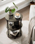 Small Round Side Table - 3 Tier Accent End Table for Narrow Spaces, Sturdy Metal Frame with Wood Finish and 44 Lbs Capacity per Shelf, Nightstand or Bedside Use for Living Room, Black