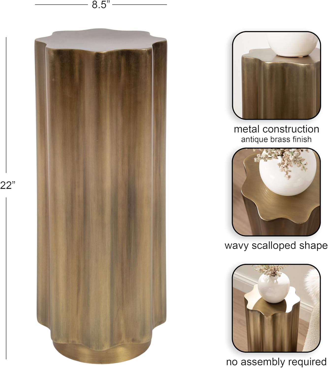 Kate and Laurel Pandey Modern Metal Wavy Drink Table, 9 x 9 x 22, Antique Brass, Curvy Mini Table for Use as a Pedestal Plant Stand Indoors or as a Small Nightstand Option