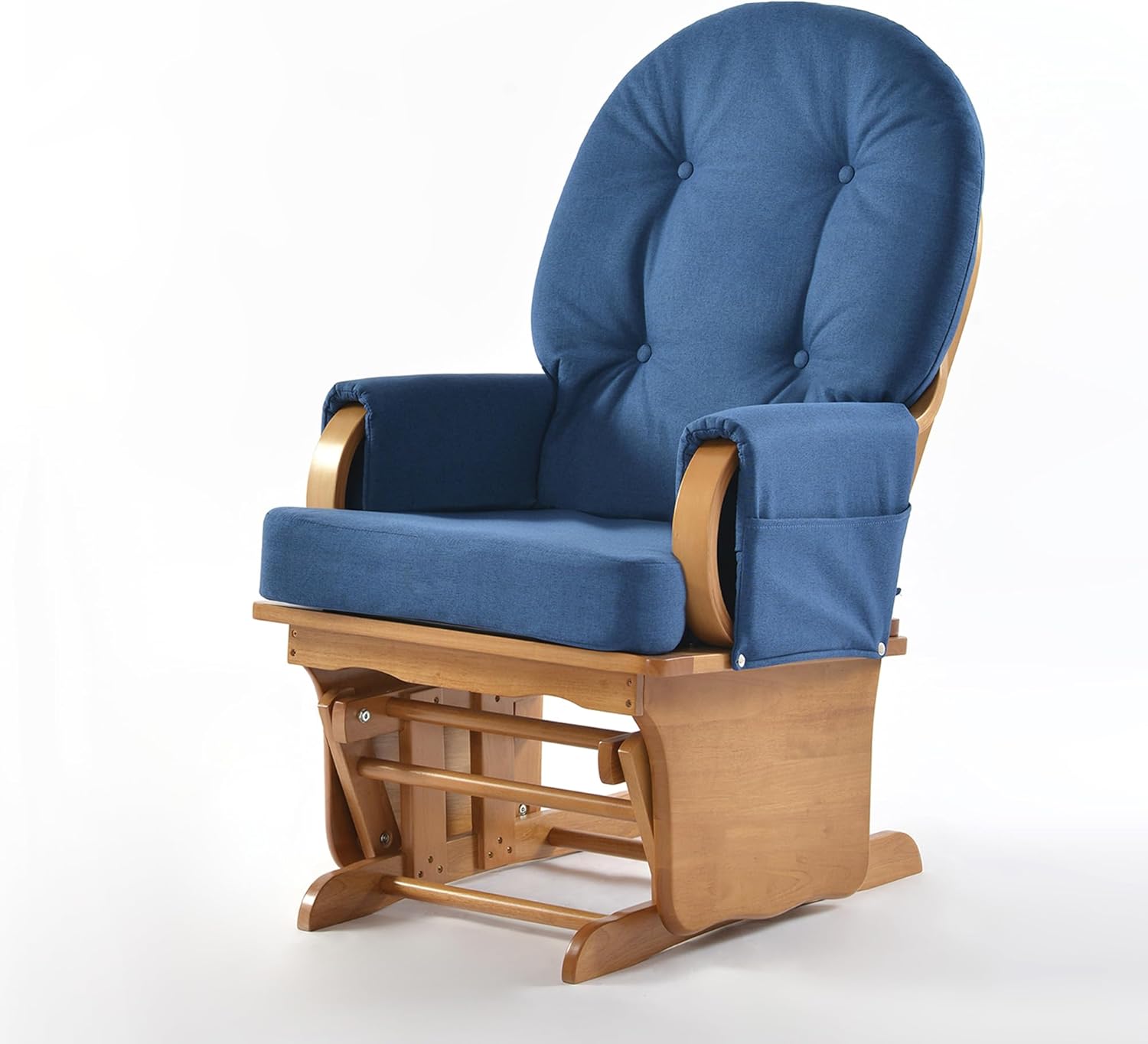 GUIDEWILL Nursery Glider Chair with Solid Rubberwood Frame, Smooth Gliding Rocking Chair for Baby Feeding or Daycare, Padded Foam Arm Rests, Side Storage Pockets, Blue