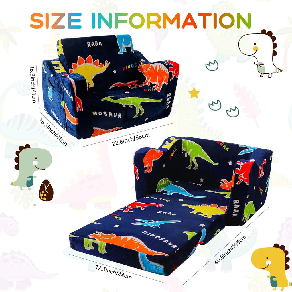 Toddler Couch, Glow in the Dark Dinosaur Kids Couch, 2-in-1 Foldable Flip Open Kids Sofa Chair for Reading, Playtime and Playroom, Gift for Boys and Girls