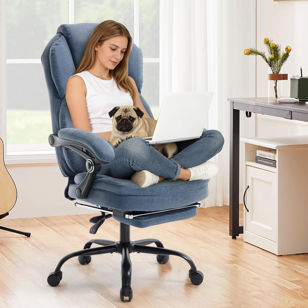 Fully Reclining Office Chair with Footrest, Mid Century Modern Faux Leather Blue Office Desk Chair with Foot Rest for Home Office