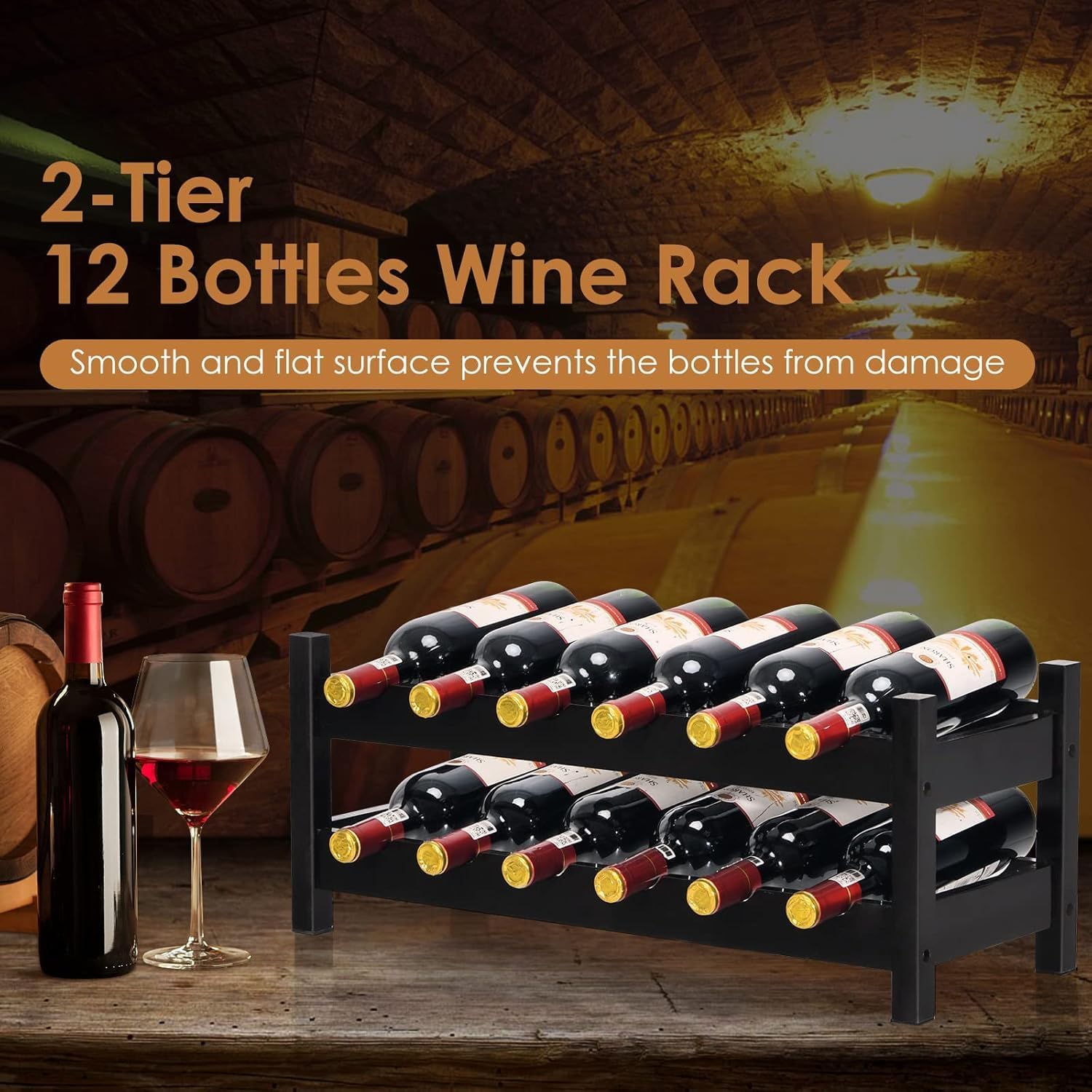 COSTWAY Wine Rack Countertop, 12 Bottles Bamboo Wine Holder, 2-Tier Freestanding Wine Storage Cabinet Shelf for Home, Kitchen, Bar, Pantry, Wine Cellar, Easy-Assembly, Brown (24.5L x 9.5W x 10H)
