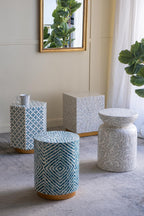 15x13'x18.5' Hexagonal Accent Table with Blue Capiz Design & Gold Base ?Elegant Side Table for Living Room, Bedroom, Office Decor