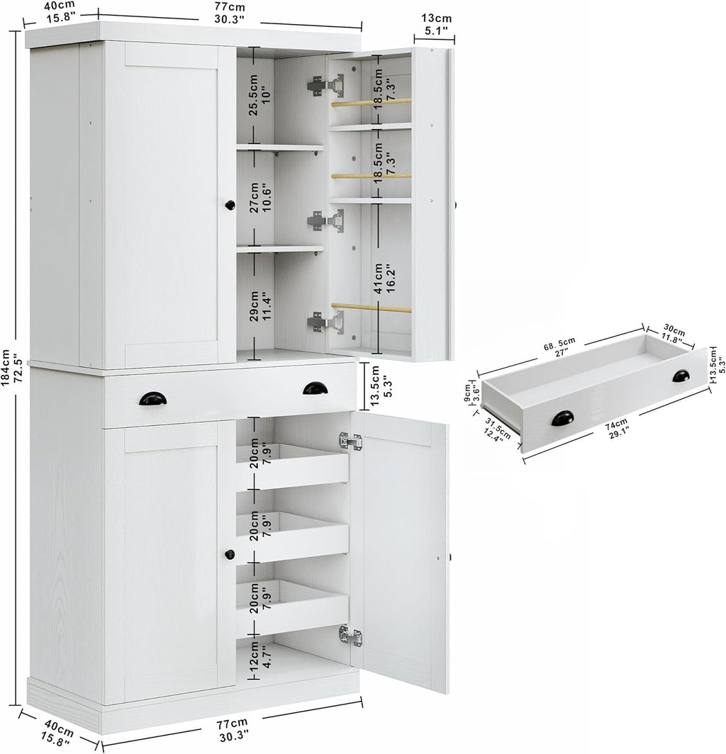 IRONCK Kitchen Pantry Cabinet 72" Height, Freestanding Cupboard with Drawer, Sliding Storage Rack, and 6 Hanging Shelves for Dining Room, Laundry, White