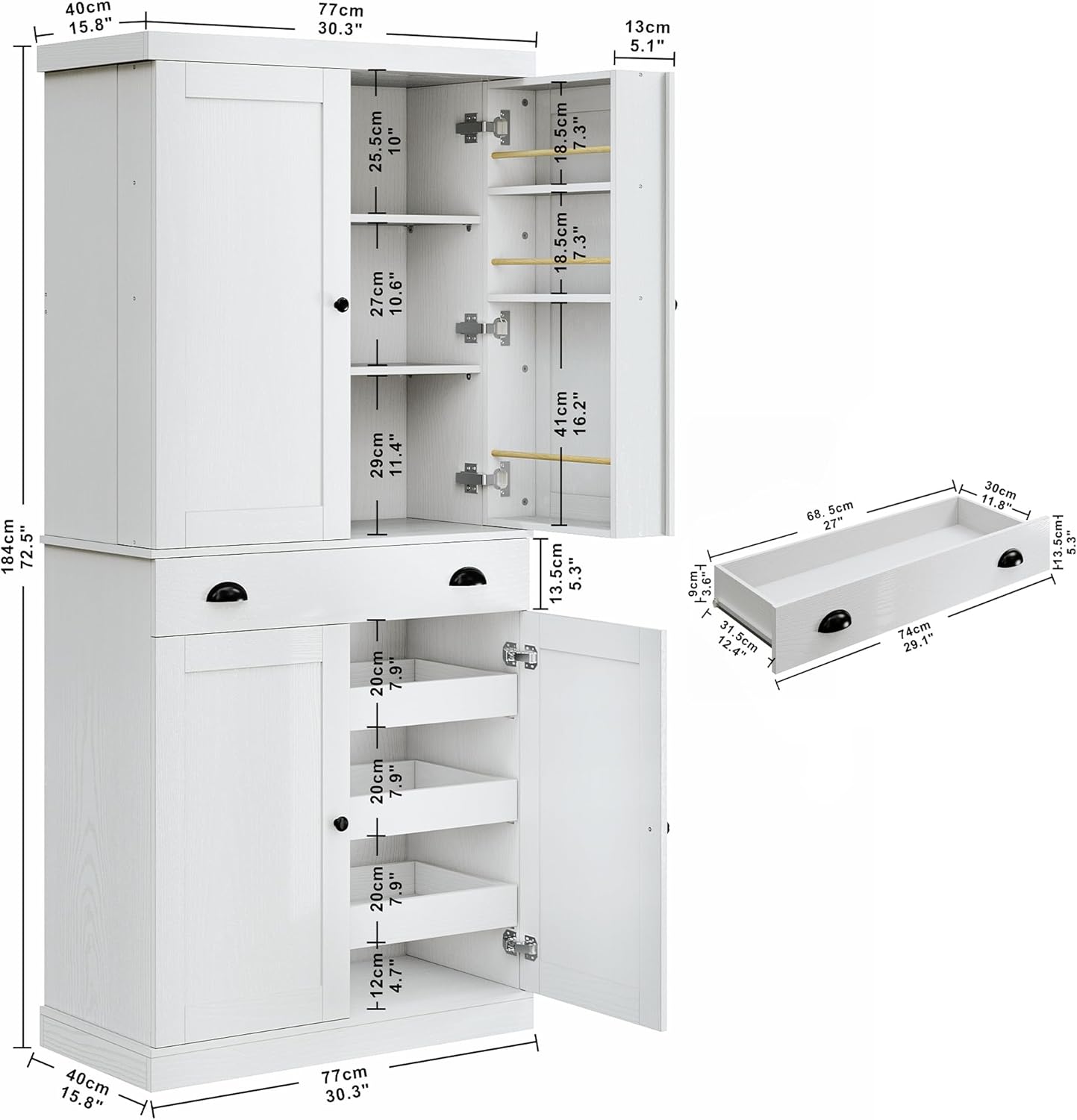 IRONCK Kitchen Pantry Cabinet 72" Height, Freestanding Cupboard with Drawer, Sliding Storage Rack, and 6 Hanging Shelves for Dining Room, Laundry, White