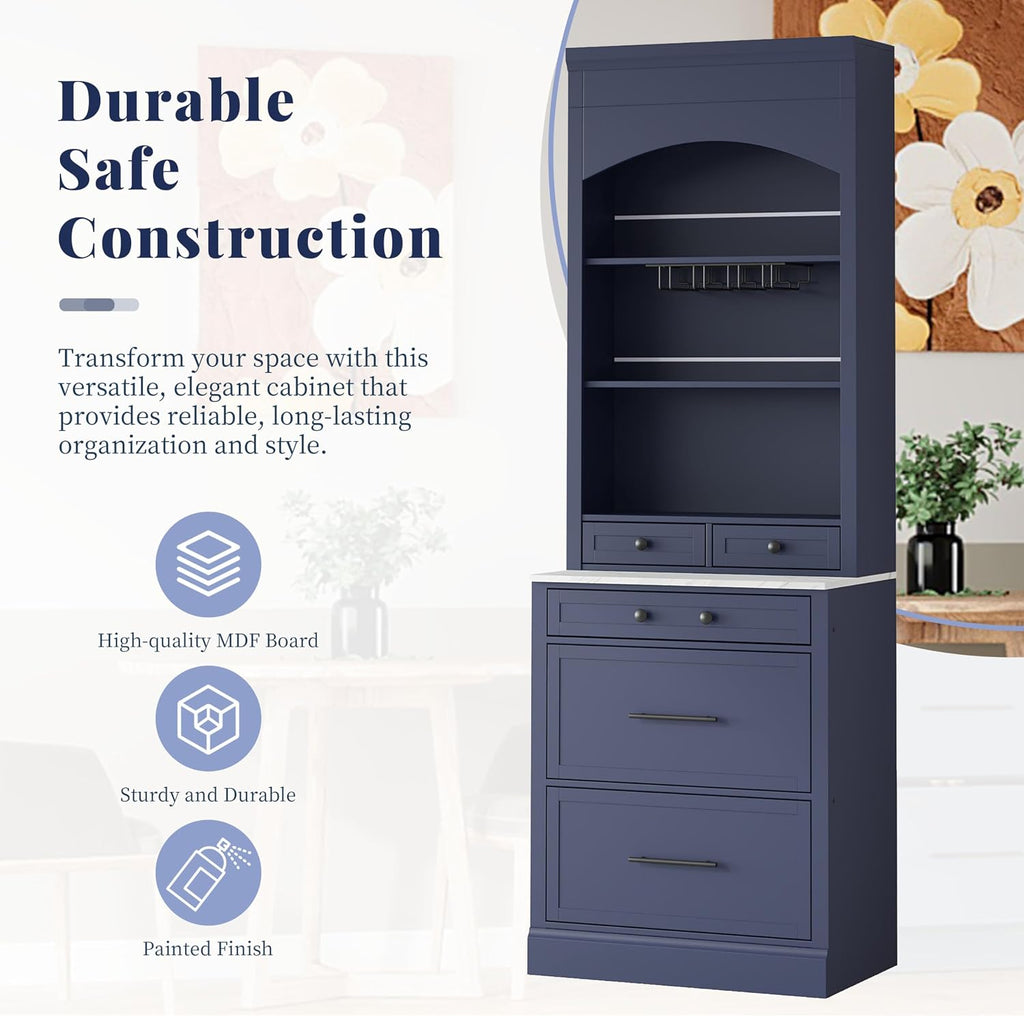 LUMISOL 83.7" Freestanding Tall Kitchen Pantry with 5 Drawers and Glass Holders, Modern Kitchens Storage Cabinet with Adjustable Shelf and Faux Marble Top, Wooden Kitchen Hutch, Blue