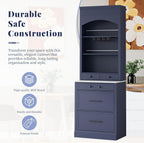LUMISOL 83.7" Freestanding Tall Kitchen Pantry with 5 Drawers and Glass Holders, Modern Kitchens Storage Cabinet with Adjustable Shelf and Faux Marble Top, Wooden Kitchen Hutch, Blue