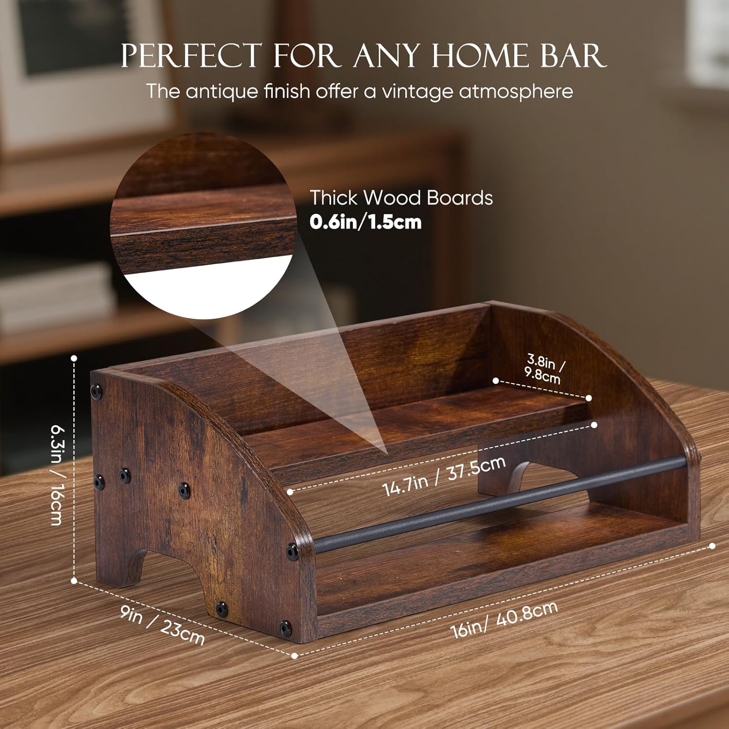 Wooden Liquor Bottle Display Shelf, 2 Tier Countertop Liquor Wine Rack, Coffee Syrup Rack Organizer, Mini Bar Home Retro Bar Shelves Stand for Bourbon Whiskey, Spirits, Alcohol Storage