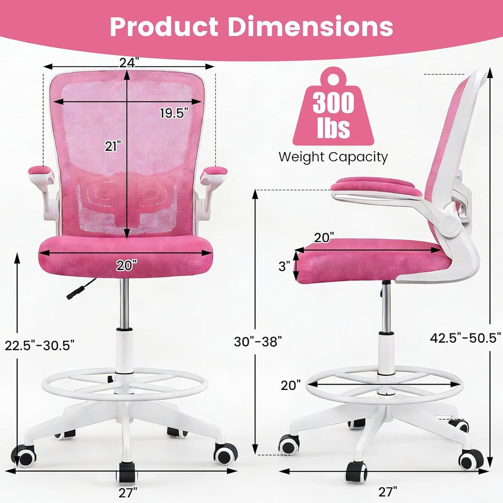 COSTWAY Drafting Chair, Tall Office Chair with Flip-up Armrests & Adjustable Foot Ring, High Back Computer Standing Desk Chair with Ergonomic Lumbar Support, Breathable Mesh (1, Pink)