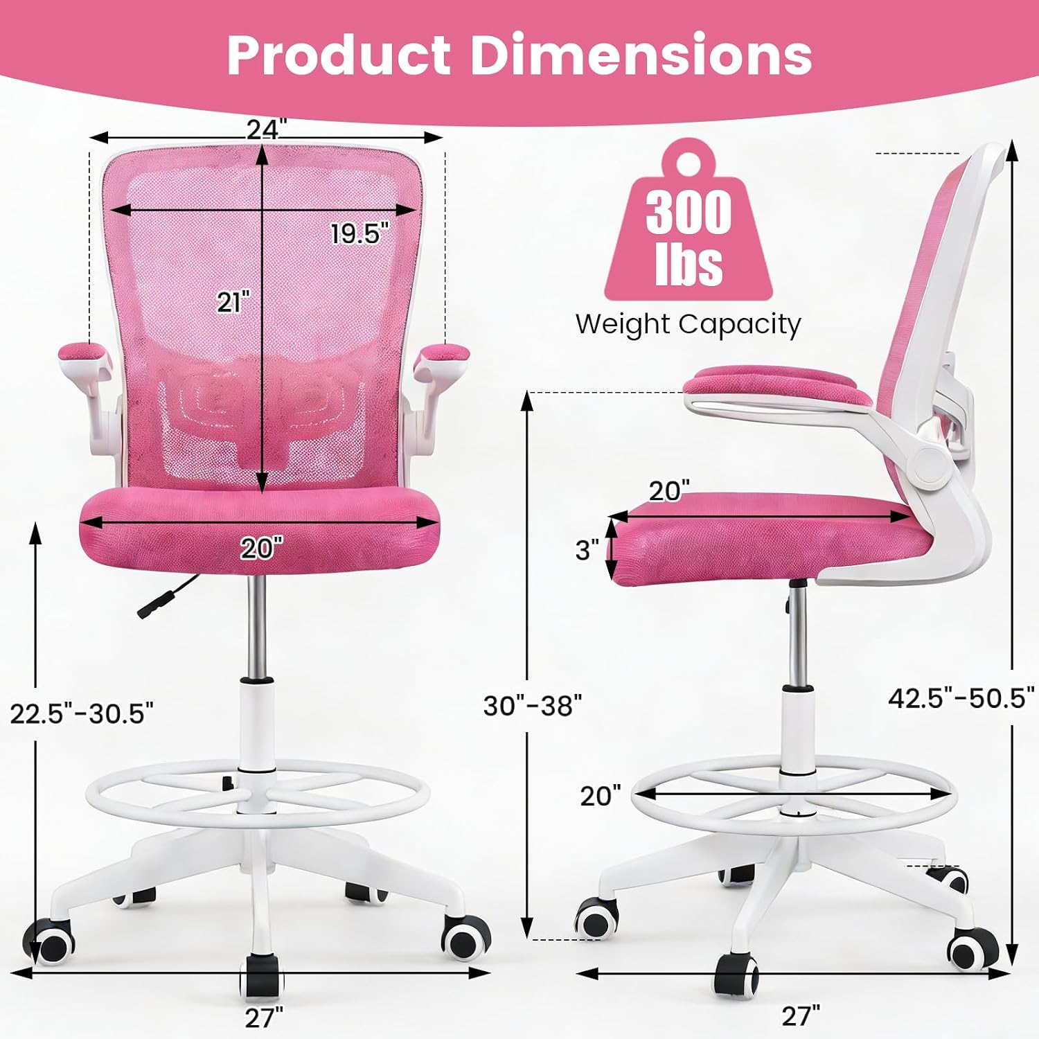 COSTWAY Drafting Chair, Tall Office Chair with Flip-up Armrests & Adjustable Foot Ring, High Back Computer Standing Desk Chair with Ergonomic Lumbar Support, Breathable Mesh (1, Pink)
