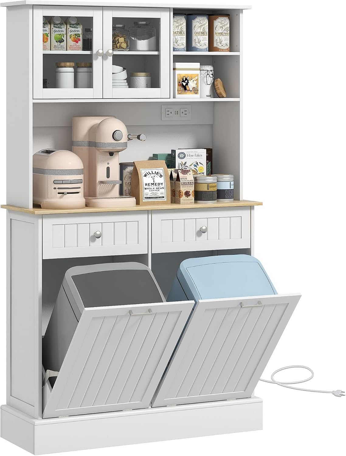 68" Kitchen Pantry Storage Cabinet with Charging Station, 2 Tilt Out Trash Cabinets and Microwave Stand, Freestanding Kitchen Hutch with Glass Doors and Adjustable Shelf, White,13.8 * 39.4 * 67.7