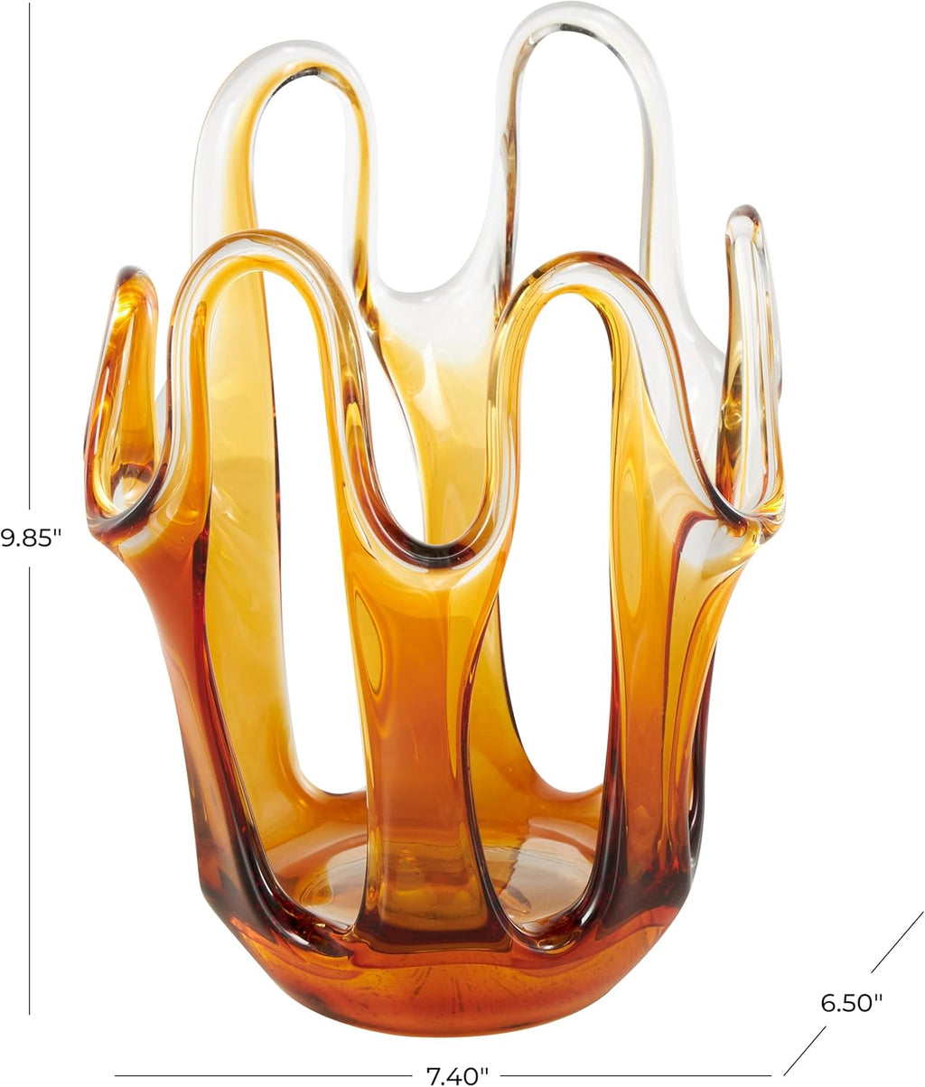 Deco 79 Glass Abstract Decorative Vase Ombre Centerpiece Vase with Wavy Oval Cutouts, Flower Vase for Home Decoration 7" x 7" x 10", Orange