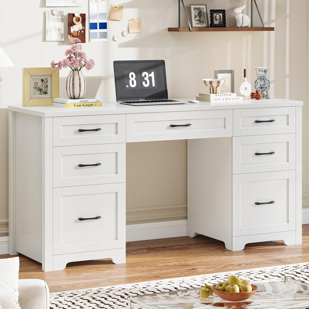 Vabches Farmhouse 61'' Executive Desk with 7 Drawers, Rustic Office Desk Computer Table with File Drawers, Wood Workstation for Home Office and Study,Cream White