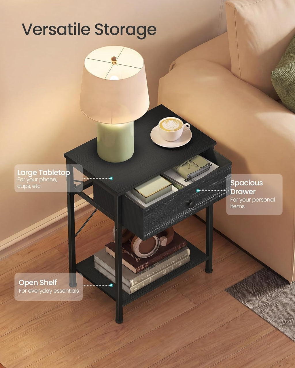 SONGMICS Bedside Table, Side Table with Drawer, Nightstand with Lower Shelf, for Bedroom, Living Room, 11.8 x 15.6 x 23.8 inches, Set of 2, Ebony Black, BELLAH Collection ULGS111B201S