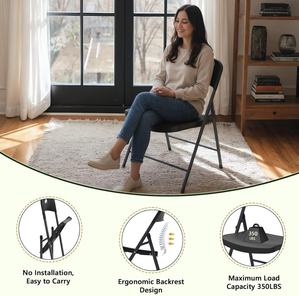 Folding Chairs 4 Pack, Outdoor Portable Foldable Chair with Steel Frame, 300lbs Capacity Heavy Duty Metal Black Plastic Folding Chairs for Patio, Picnic, Kitchen, Dining